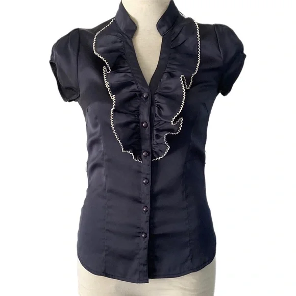 TEMT dark navy satiny puff short sleeve Blouse Ruffle front - Picture 2 of 8